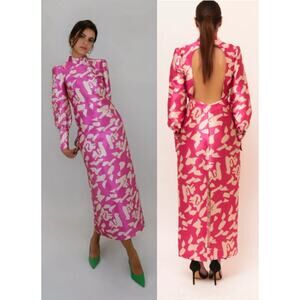 Laagam Delilah Abstract Print Puff Sleeve Formal Maxi Dress Pink Womens M NWT